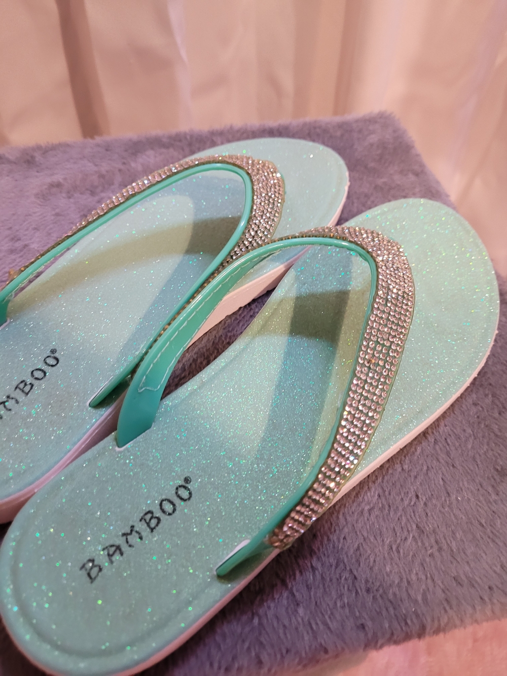 BAMBOO Mint Green Glitter Rhinestone Strap Sandals